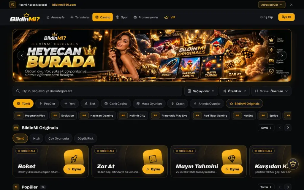 Casino lobisinde kategori sekmeleri ve sıralanmış oyun kapakları