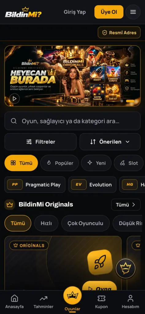 Casino lobisinin telefon ekranındaki görünümü