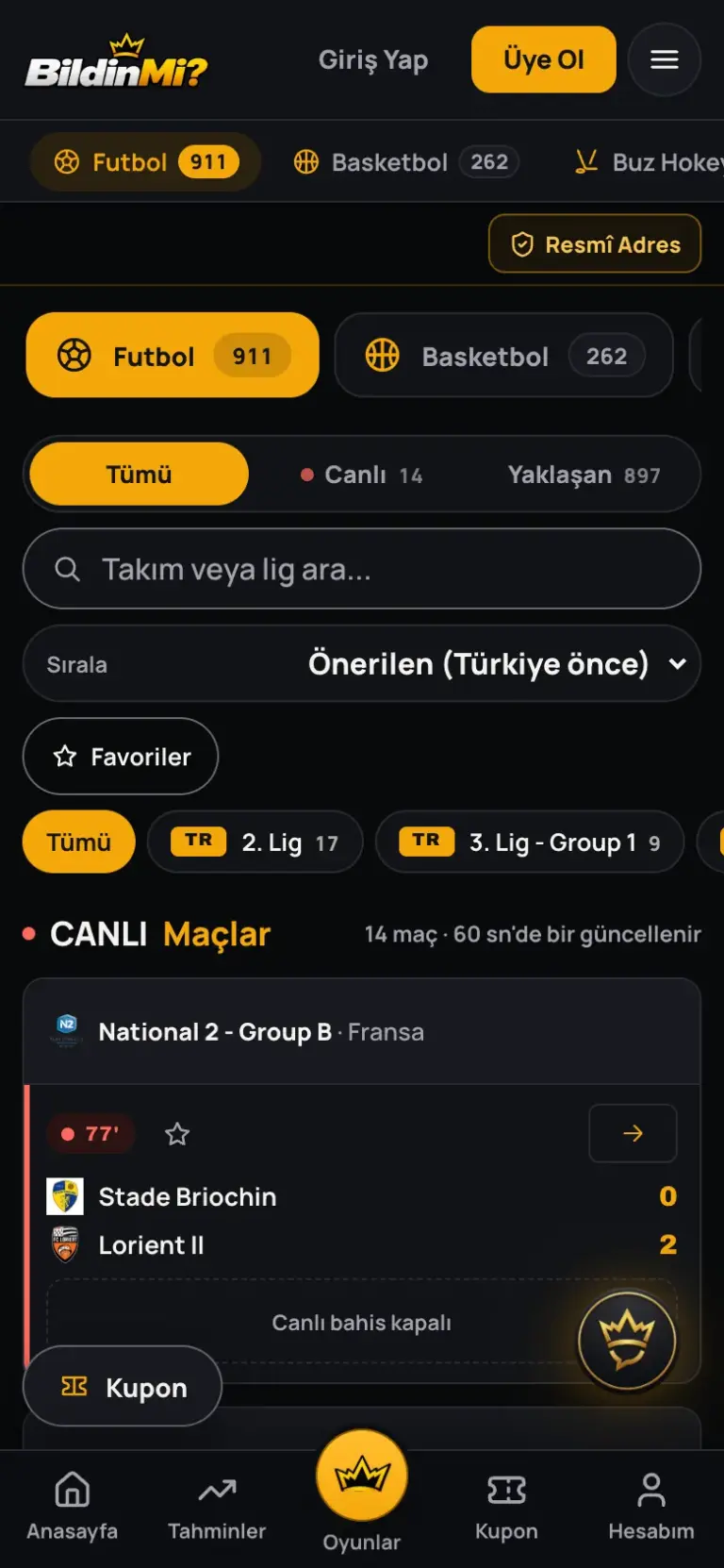 Spor bahisleri ekranının telefon görünümü