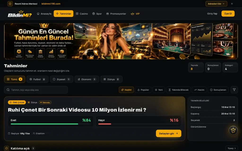 Tahmin piyasası ekranının masaüstü görünümü
